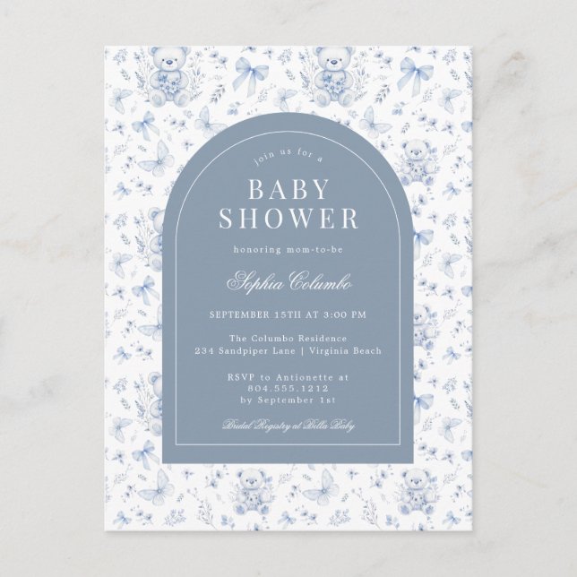 Dusty Blue Chinoiserie Teddy Bear und Bows Baby Postkarte (Vorderseite)