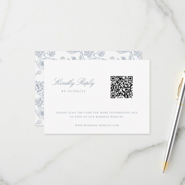Dusty Blue Chinoiserie Wedding QR Code RSVP Karte (Vorderseite/Rückseite Beispiel)