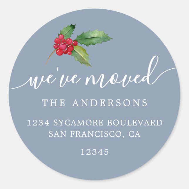 Dusty Blue Christmas Greenery New Address Home Runder Aufkleber (Vorderseite)