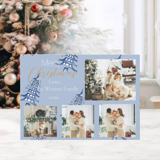 Dusty Blue Christmas Pagoda Trees 5-Foto Feiertagskarte