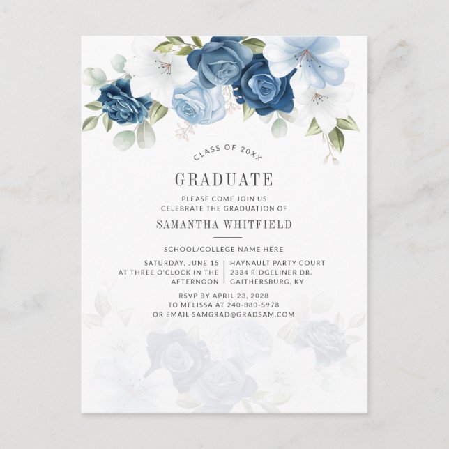 Dusty Blue Class of 2022 Floral Graduation Party Einladungspostkarte (Vorderseite)