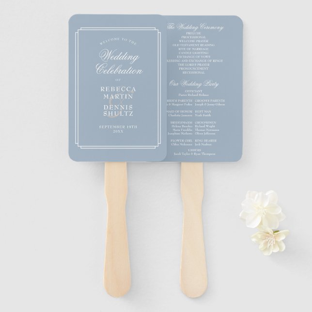 Dusty Blue Classic Art Deco Wedding Programm Fächer (Vorne und Hinten)