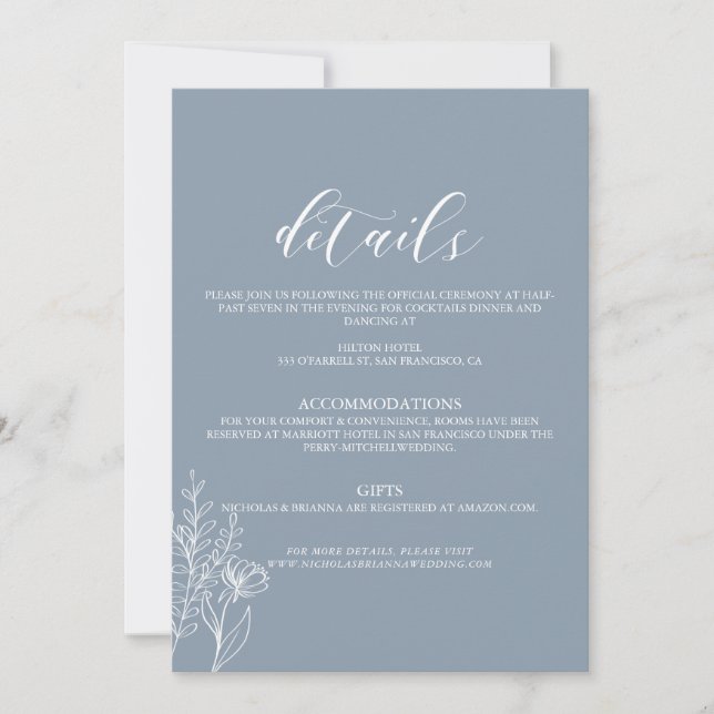 Dusty Blue Classic Minimal Modern Wedding Details Einladung (Vorderseite)