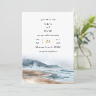 Dusty Blue Coastal Misty Shoreline Beach Wedding Einladung