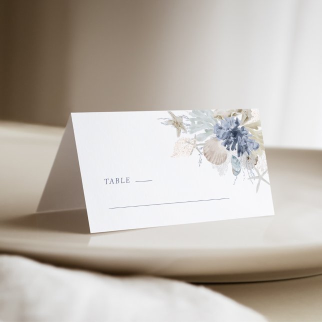 Dusty Blue Coastal Shell Wedding Place Card Platzkarte (Dusty blue coastal shell wedding place card mockup with watercolor seashells and starfish)