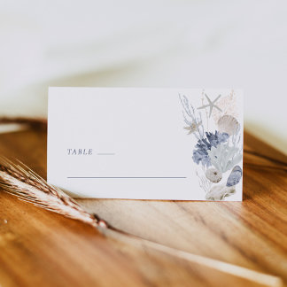 Dusty Blue Coastal Shell Wedding Place Card Side Platzkarte