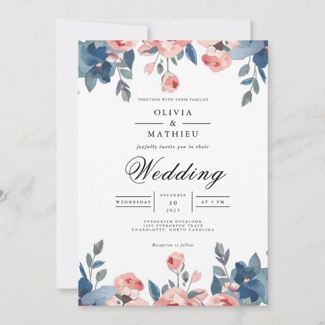 Dusty Blue & Coral Floral Romance Wedding Einladung (Vorderseite)