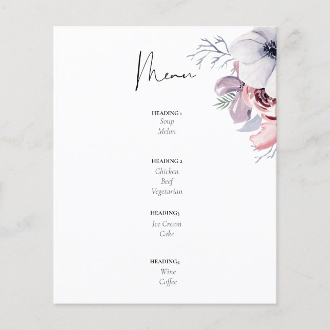 Dusty Blue Coral Floral Script Hochzeitsmenü Budge (Vorderseite)