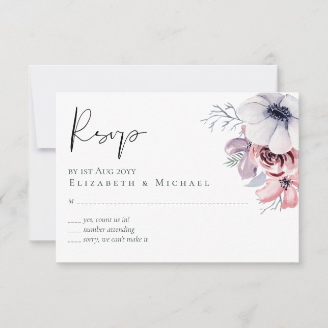 Dusty Blue Coral Floral Script Wedding RSVP Budget (Vorderseite)