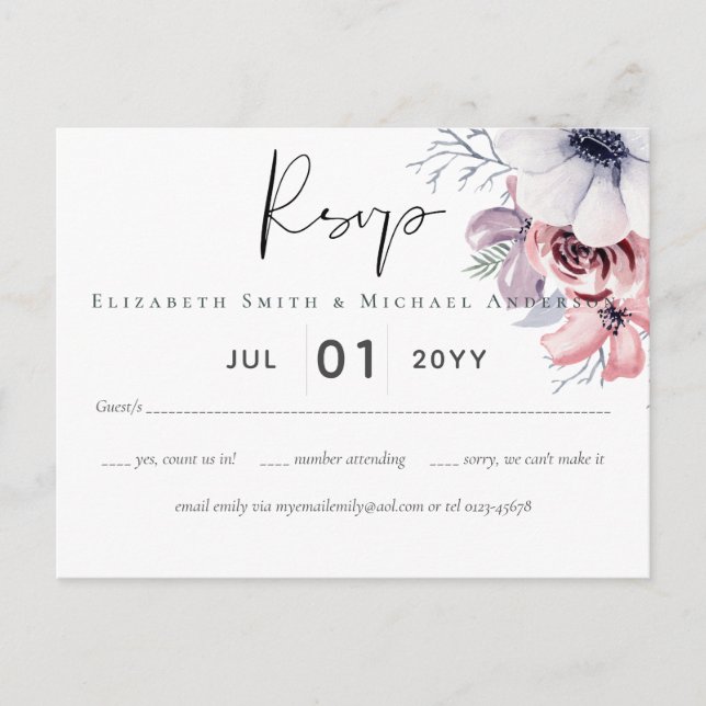 Dusty Blue Coral Floral Script Wedding RSVP Budget Postkarte (Vorderseite)