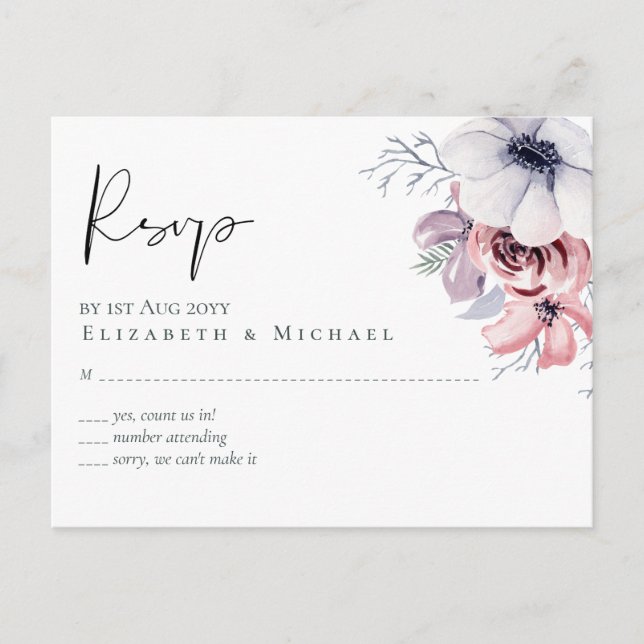 Dusty Blue Coral Floral Script Wedding RSVP Budget Postkarte (Vorderseite)