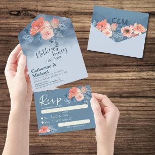Dusty Blue & Coral Pink Watercolor Floral Wedding All In One Einladung