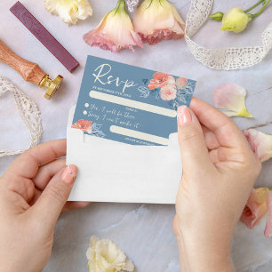 Dusty Blue & Coral Pink Watercolor Floral Wedding RSVP Karte