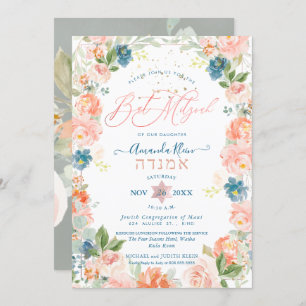 Dusty Blue+Coral Wasserfarbe Blume Bat Mitzvah Einladung