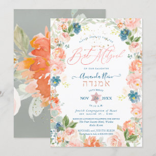 Dusty Blue+Coral Wasserfarben Blumen Bat Mitzvah Einladung