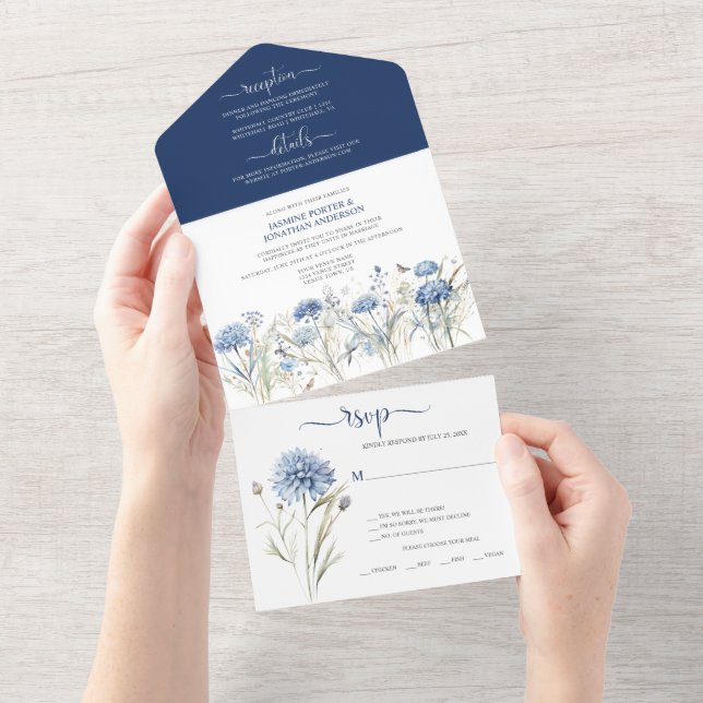 Dusty Blue Cornflowers, Sweet William Wedding All In One Einladung (Abreißen)
