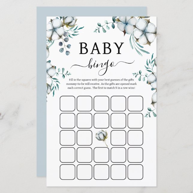 Dusty Blue Cotton Blume Baby Shower Bingo Game (Vorne/Hinten)