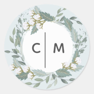 Dusty Blue Cotton Garden Wreath Monogram Wedding Runder Aufkleber