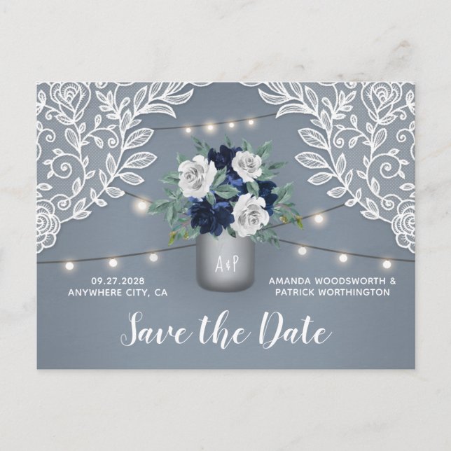Dusty Blue Country Lace Mason Jar Save the Date Ankündigungspostkarte (Vorderseite)