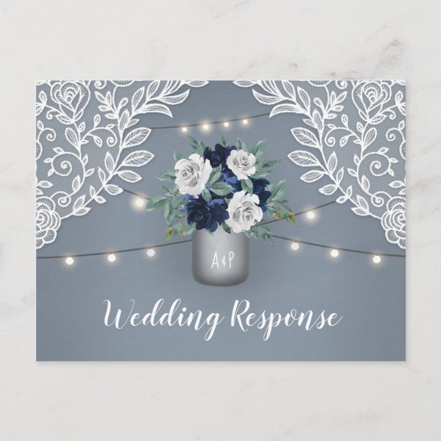 Dusty Blue Country Lace Mason Jar Wedding RSVP Einladungspostkarte (Vorderseite)