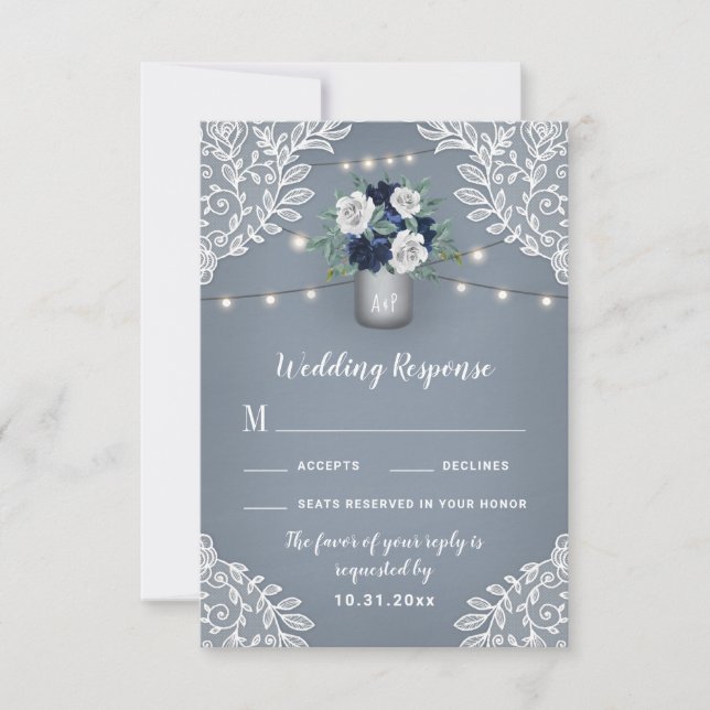 Dusty Blue Country Mason Jar Wedding RSVP Cards (Vorderseite)