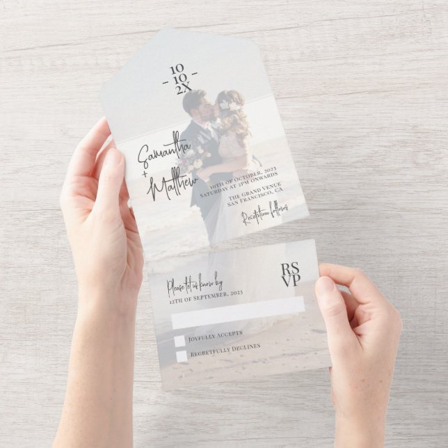 Dusty Blue Couple Foto Hochzeit Jahrestag All In One Einladung (Abreißen)