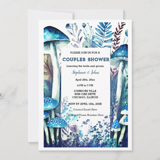 Dusty Blue Couple Shower Mushroom Woodland Wedding Einladung (Vorderseite)