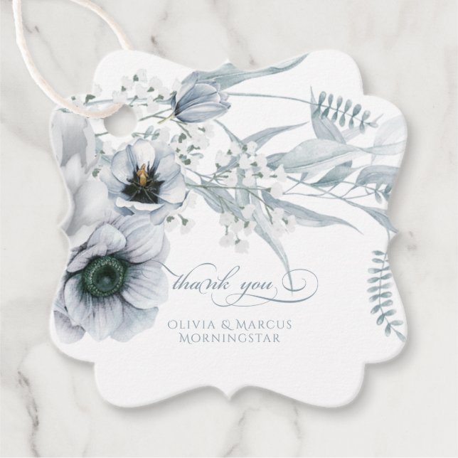 Dusty Blue Cream Anemone Peony Wedding Geschenkanhänger (Vorderseite)