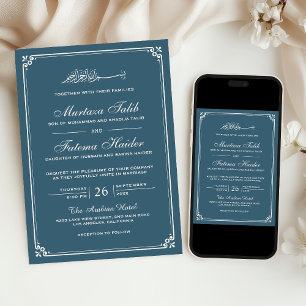 Dusty Blue Cream Border Muslim Wedding Einladung