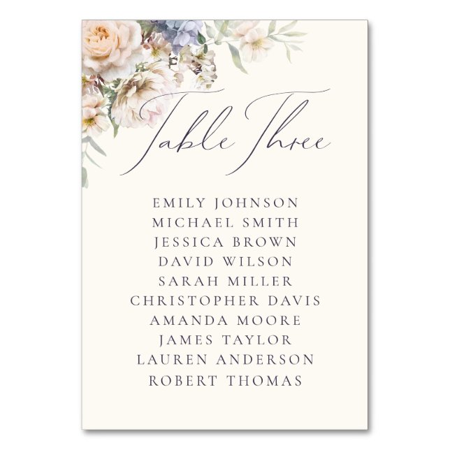 Dusty Blue Cream Floral Table Three Guest Names Tischnummer (Vorderseite)