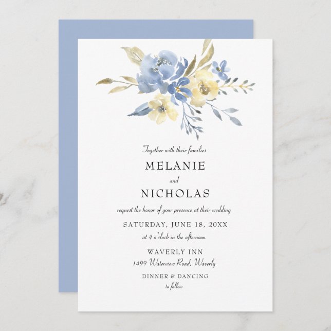 Dusty Blue + Cream Floral Wedding Einladung (Vorne/Hinten)
