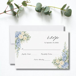 Dusty Blue Cream Watercolor Florals Roses Wedding RSVP Karte