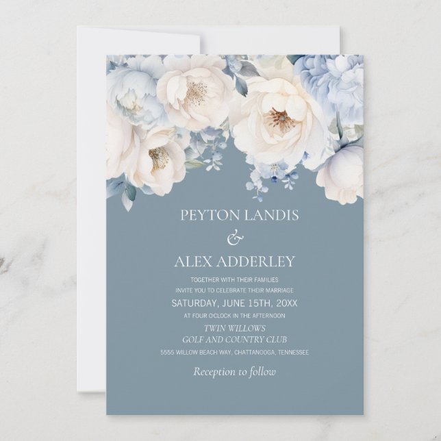 Dusty Blue Cream White Floral Wedding Einladung (Vorderseite)