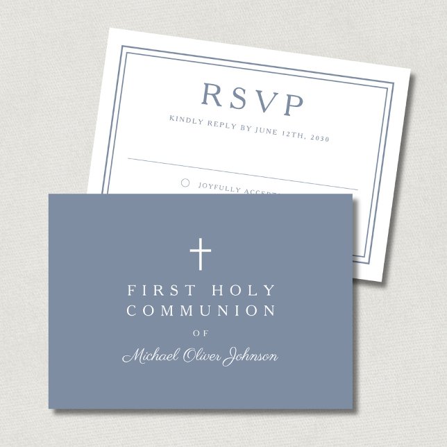 Dusty Blue Cross Boy First Holy Communion  RSVP Karte (Dusty Blue Cross Boy First Holy Communion RSVP Card)