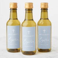 Dusty Blue Cross Boy Taufe Mini Wine Label