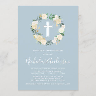 Dusty Blue Cross mit Cream Florals, Boy-Taufe Einladung