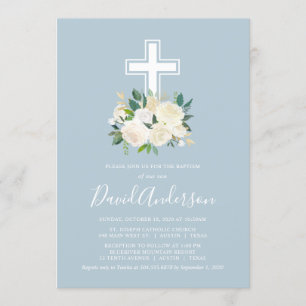 Dusty Blue Cross mit Cream Florals, Boy-Taufe Einladung