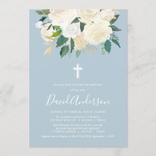 Dusty Blue Cross mit Cream Florals, Boy-Taufe Einladung