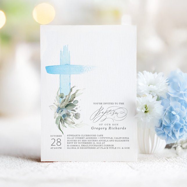 Dusty Blue Cross und Sage Greenery Elegante Taufe Einladung (Boy's Baptism Invitation)