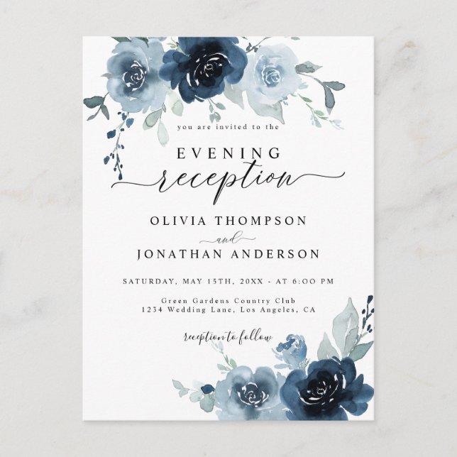 Dusty Blue Dark Navy Floral Wedding Einladung Postkarte (Vorderseite)