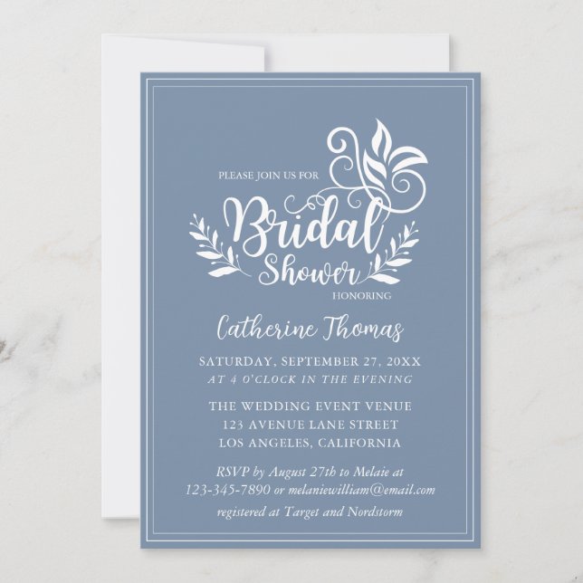 Dusty Blue Decorative Wedding Calligraphy Einladung (Vorderseite)