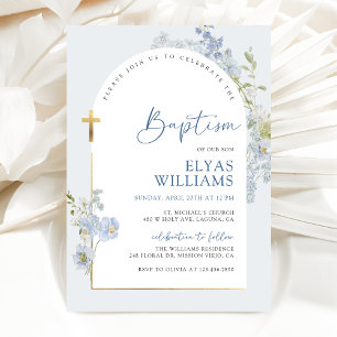 Dusty Blue Delphinium Floral Arched Boy Baptisse Einladung