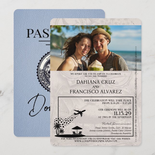 Dusty Blue Dominican Republic Passport Wedding Einladung (Vorne/Hinten)