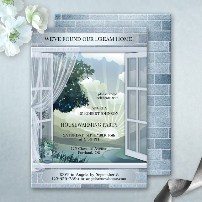 Dusty Blue Dream Zuhause Housewarming Einladung (Housewarming party invitation featuring a dreamy dusty blue silver and pale green design)