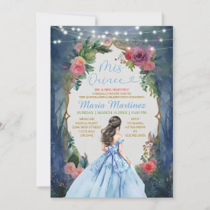 Dusty Blue Dress Dark Forest Floral Mis Quince Einladung
