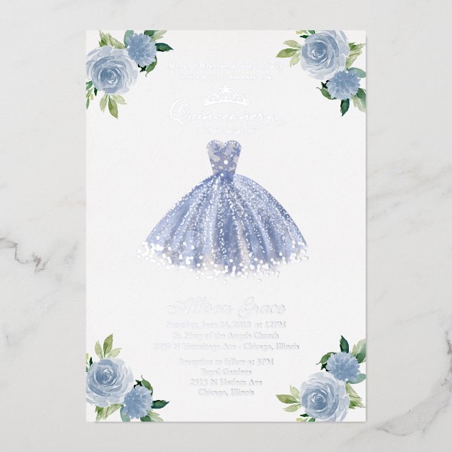 Dusty Blue Dress Quinceanera Folieneinladung (Vorderseite)