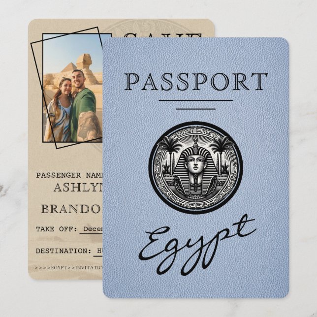 Dusty Blue Egypt Passport Wedding Save the Date (Vorne/Hinten)