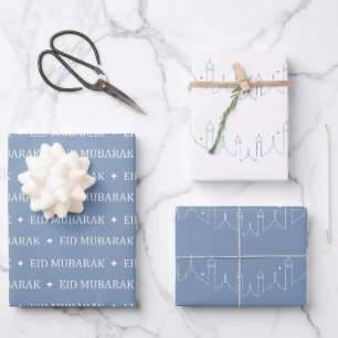 Dusty Blue Eid Mubarak Masjid Muster Design Geschenkpapier Set