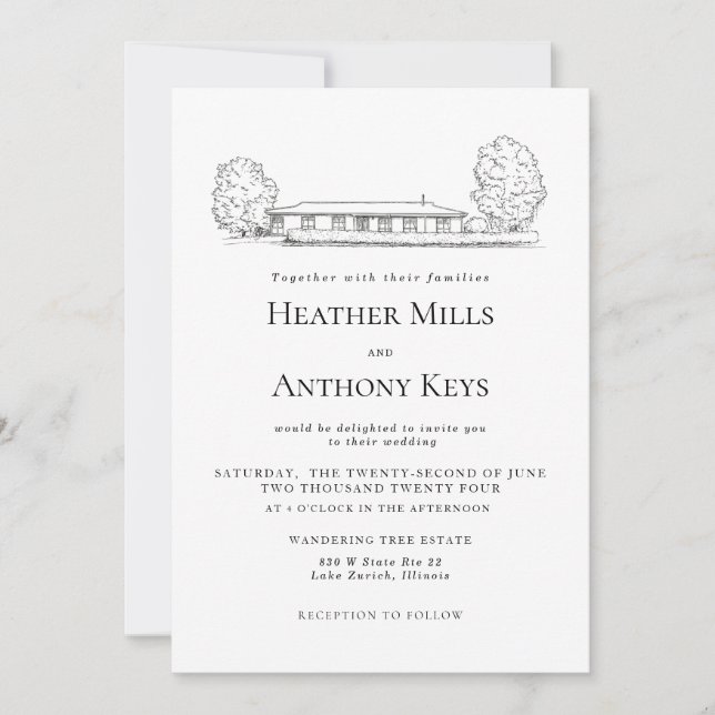 Dusty Blue Einladung mit Skizze des Ortes (Vorderseite)