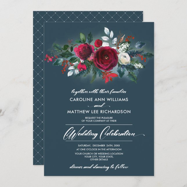 Dusty Blue | Einladung von Burgundy Red Bloom Wedd (Vorne/Hinten)